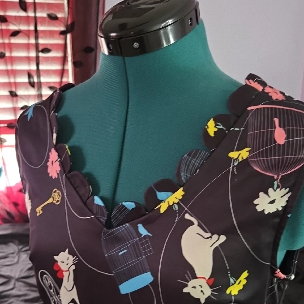 Lindy Bop Black Whimsical Cat Print Midi Dress